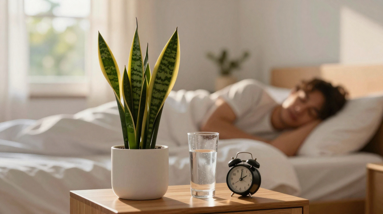 Potted snake plant, glass of water, and alarm clock on bedside table with person sleeping in background.