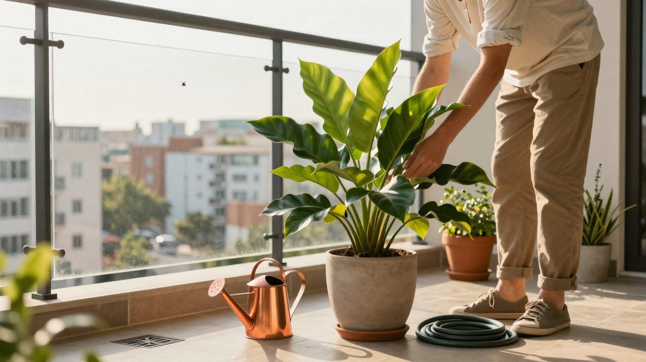 Person tending to a large potted plant on a sunny balcony with a watering can and hose nearby