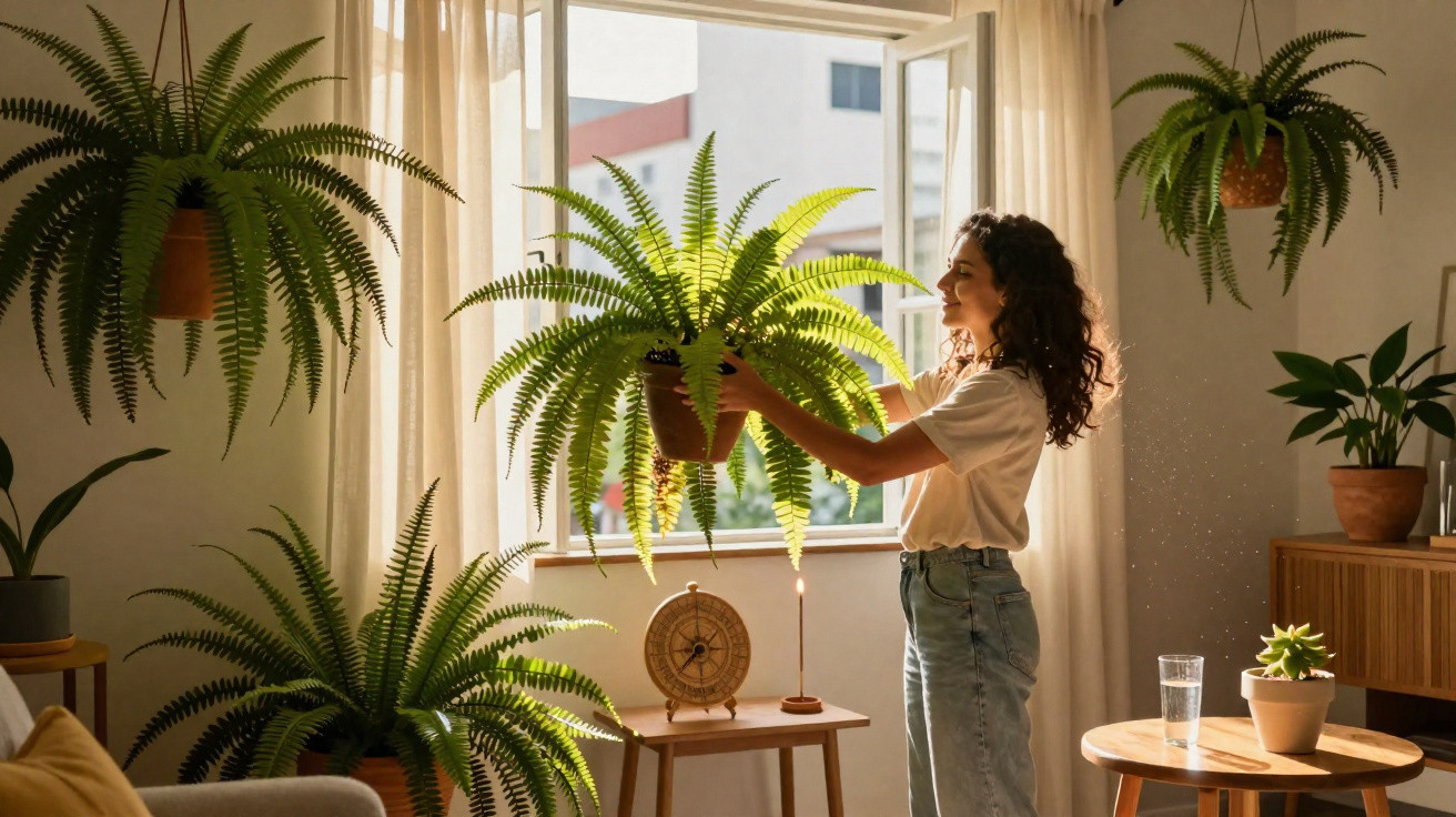 Woman watering hanging fern plants in a sunlit living room with indoor greenery.