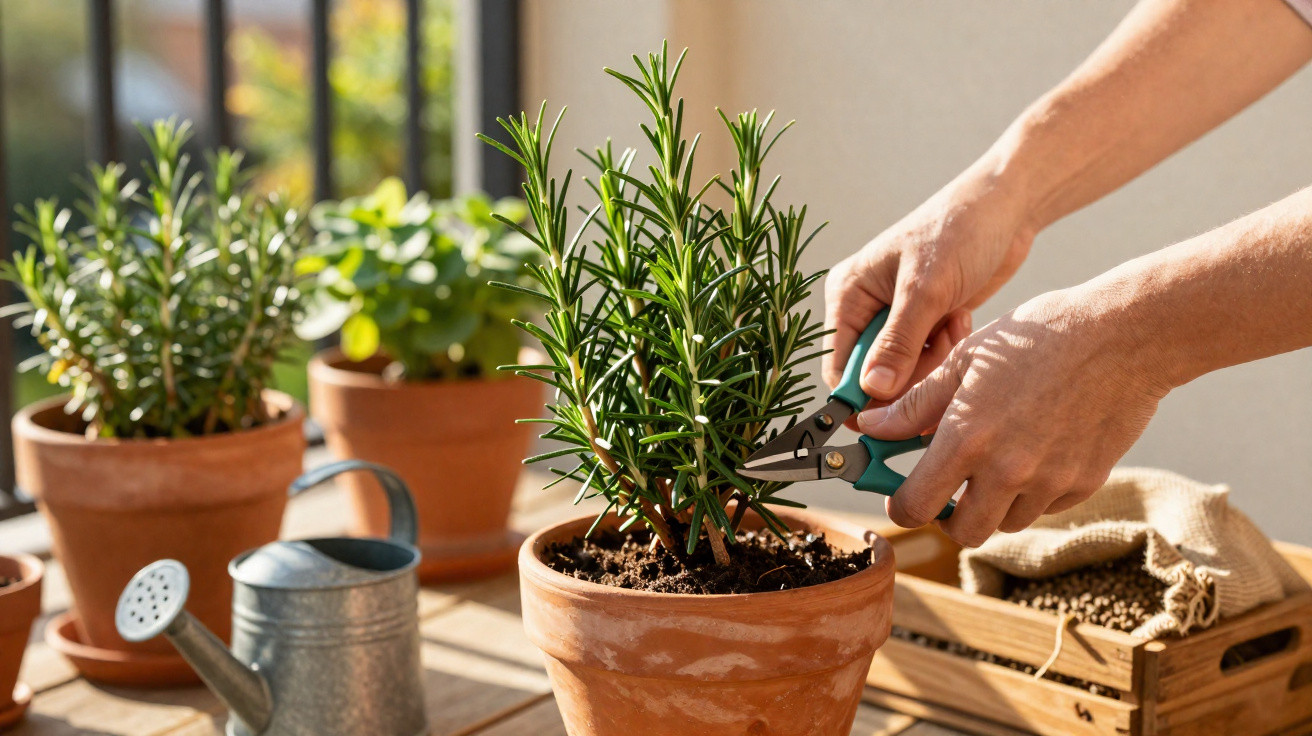 Hands pruning a rosemary plant in a terracotta pot on a sunlit wooden table with gardening tools.
