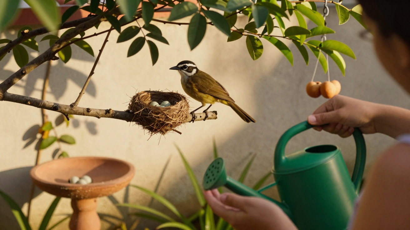 Bird perched on a branch beside a nest with eggs, while a person holds a green watering can nearby.