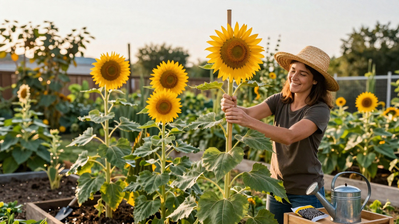 Woman in a straw hat tending to tall sunflowers in a sunny garden with gardening tools nearby.