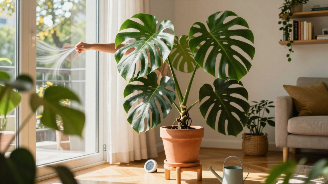 Large monstera plant in terracotta pot on wooden stand in sunlit living room near sliding glass door.