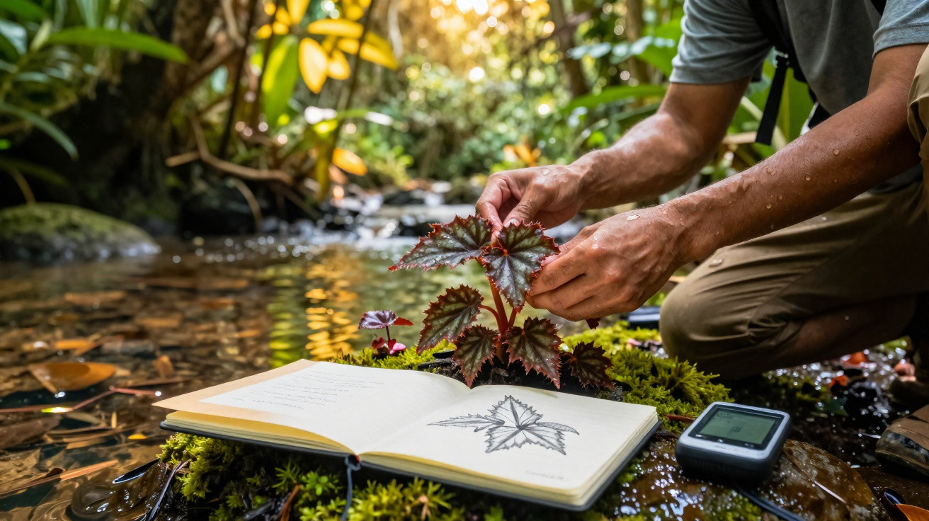 Person examining a plant near a stream with an open botanical sketchbook and device on mossy rocks.