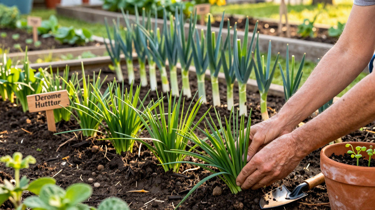 Person tending to green onion plants in a garden with labelled soil beds and gardening tools nearby.