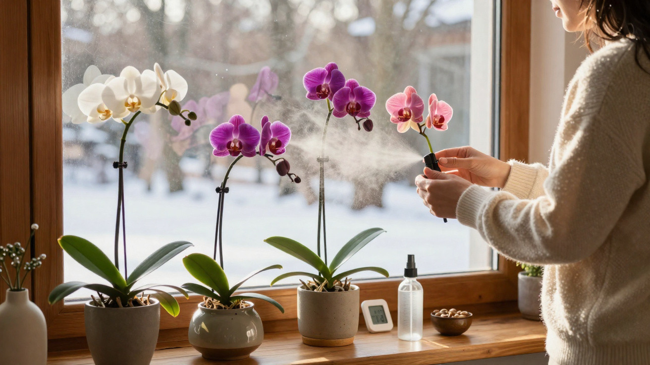 Person spraying water on pink orchids on a windowsill with white and purple orchids in pots.