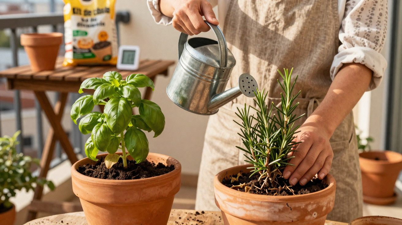 Person in apron watering rosemary plant in terracotta pot next to potted basil on wooden table outdoors.