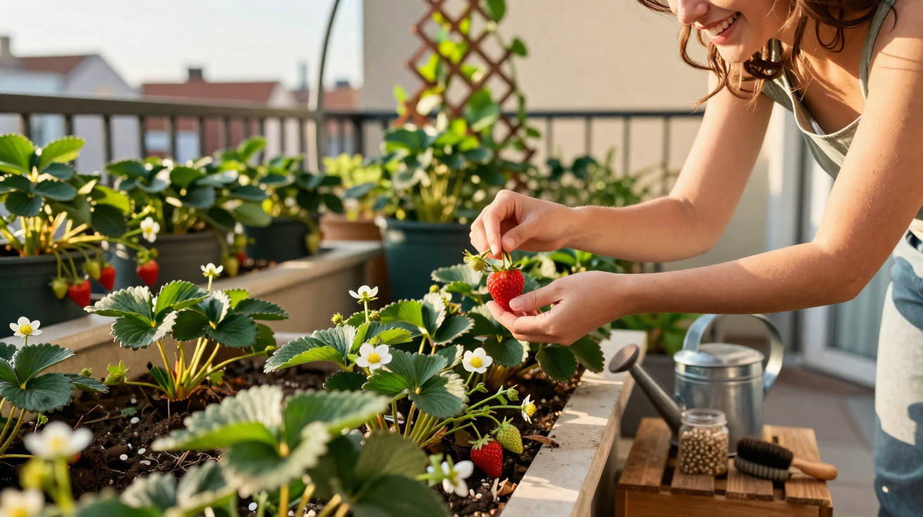 Person picking a ripe strawberry from plants in a sunlit balcony garden with gardening tools nearby.