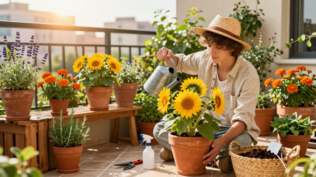 Person wearing a straw hat watering sunflowers on a balcony surrounded by various potted flowers and plants.