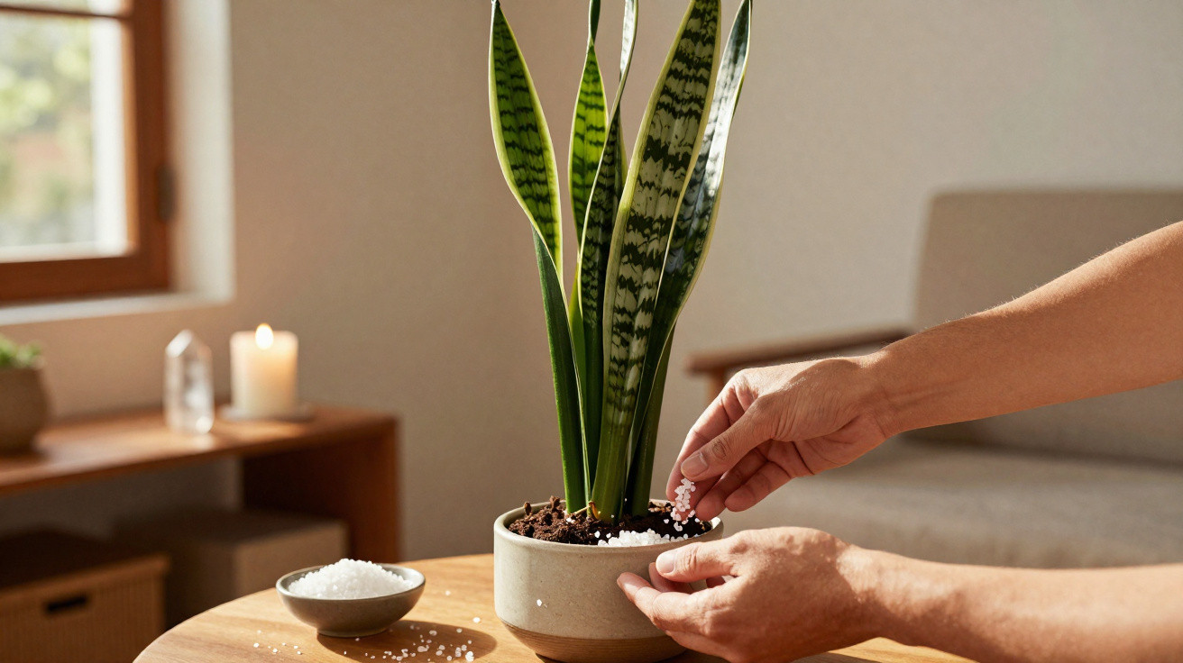 Person adding fertilizer granules to a potted snake plant on a wooden table in a cozy living room.