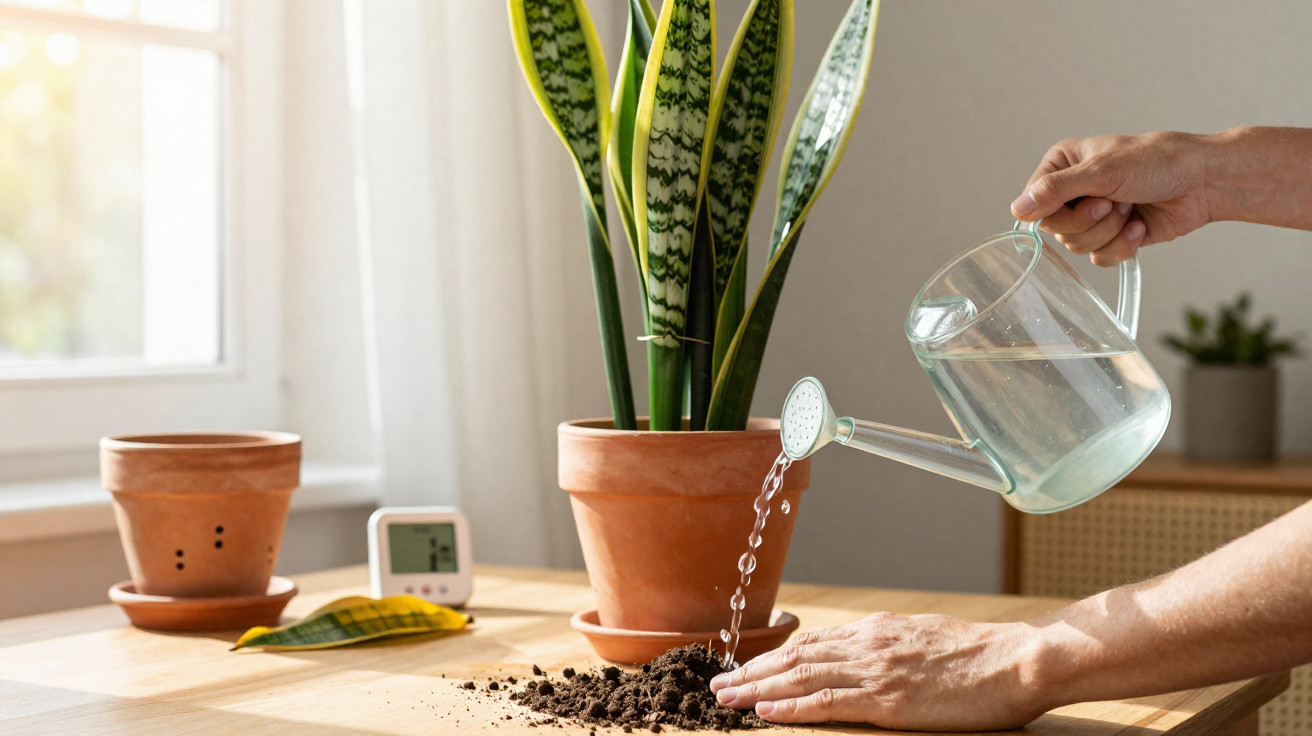 Person watering soil beside a potted snake plant on a wooden table by a bright window.