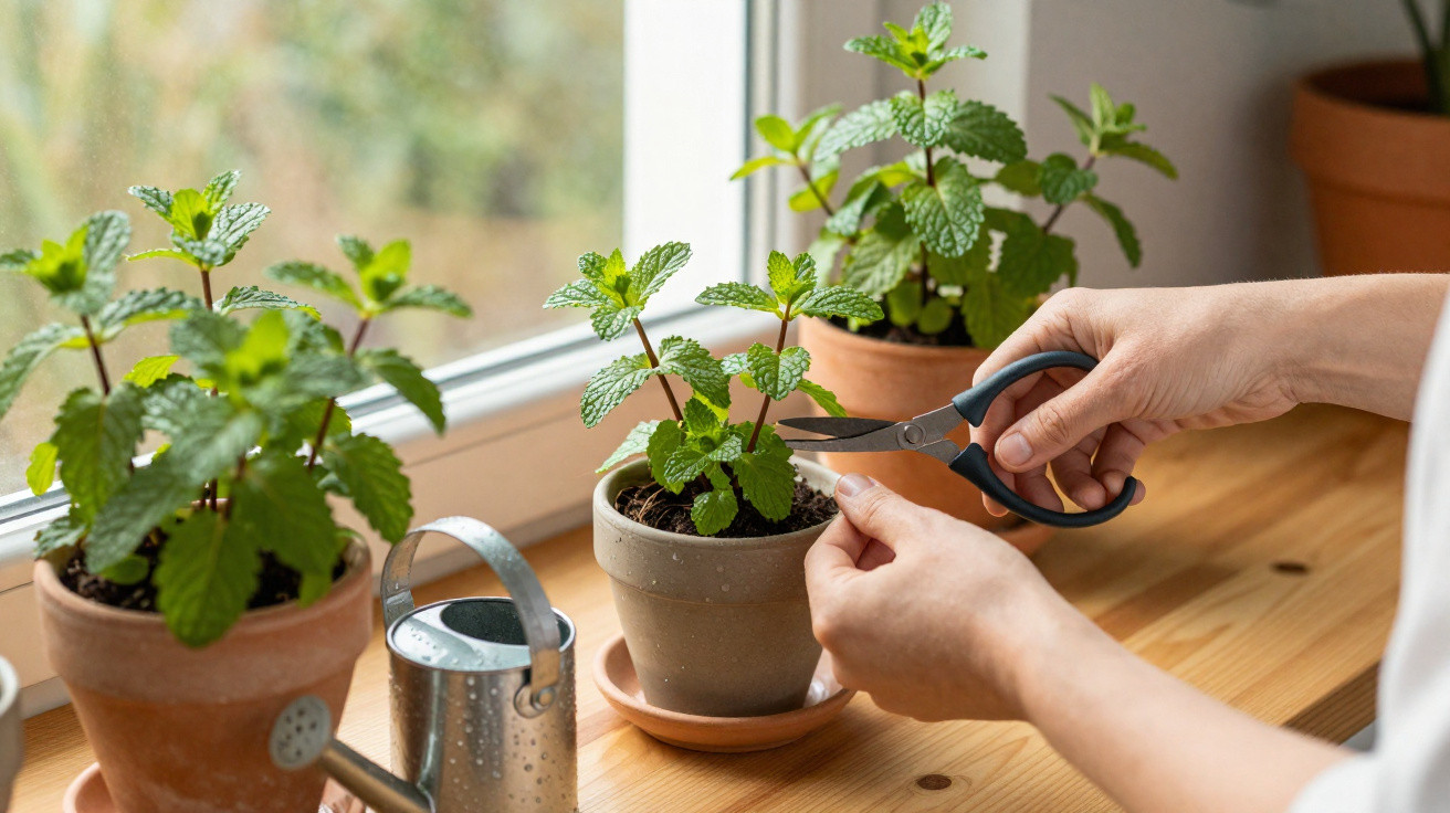Person pruning green herbs in clay pots on a wooden windowsill with a metal watering can nearby.