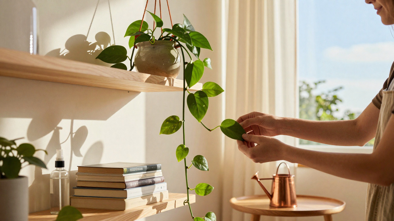 Person tending to a trailing houseplant on a wooden shelf in a sunlit room with a copper watering can nearby.