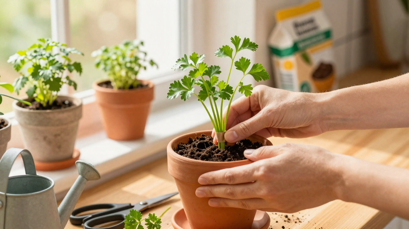 Hands planting a small green herb in a terracotta pot on a wooden table by a window.