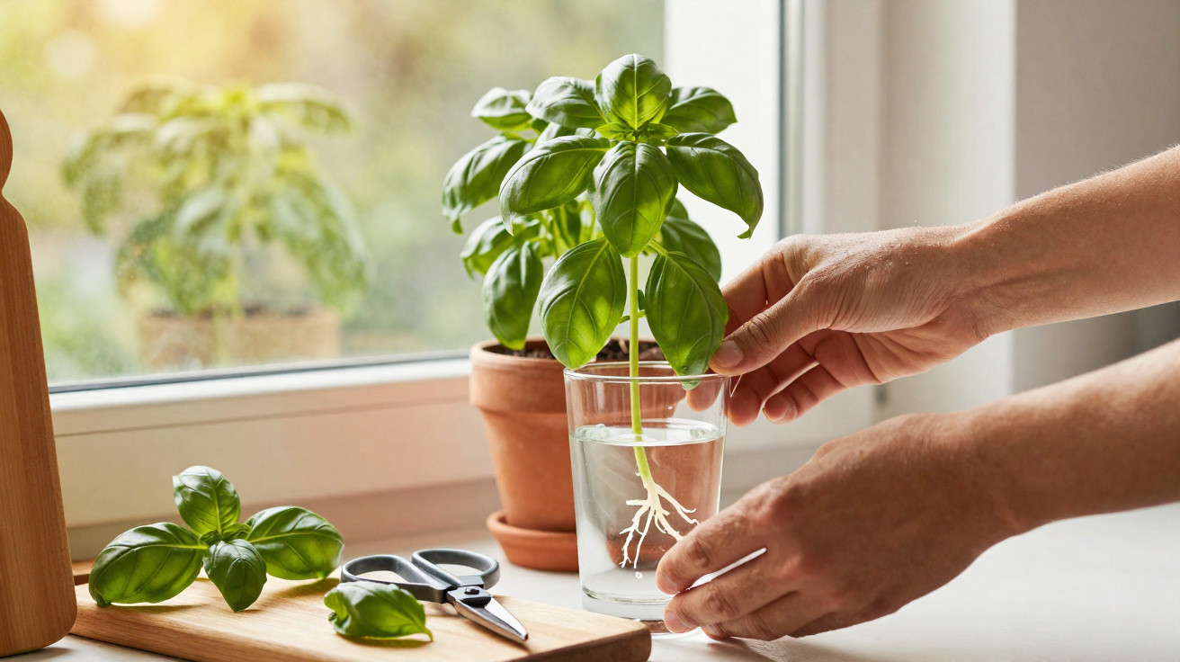 Hands placing a basil cutting with visible roots into a glass of water on a kitchen windowsill.