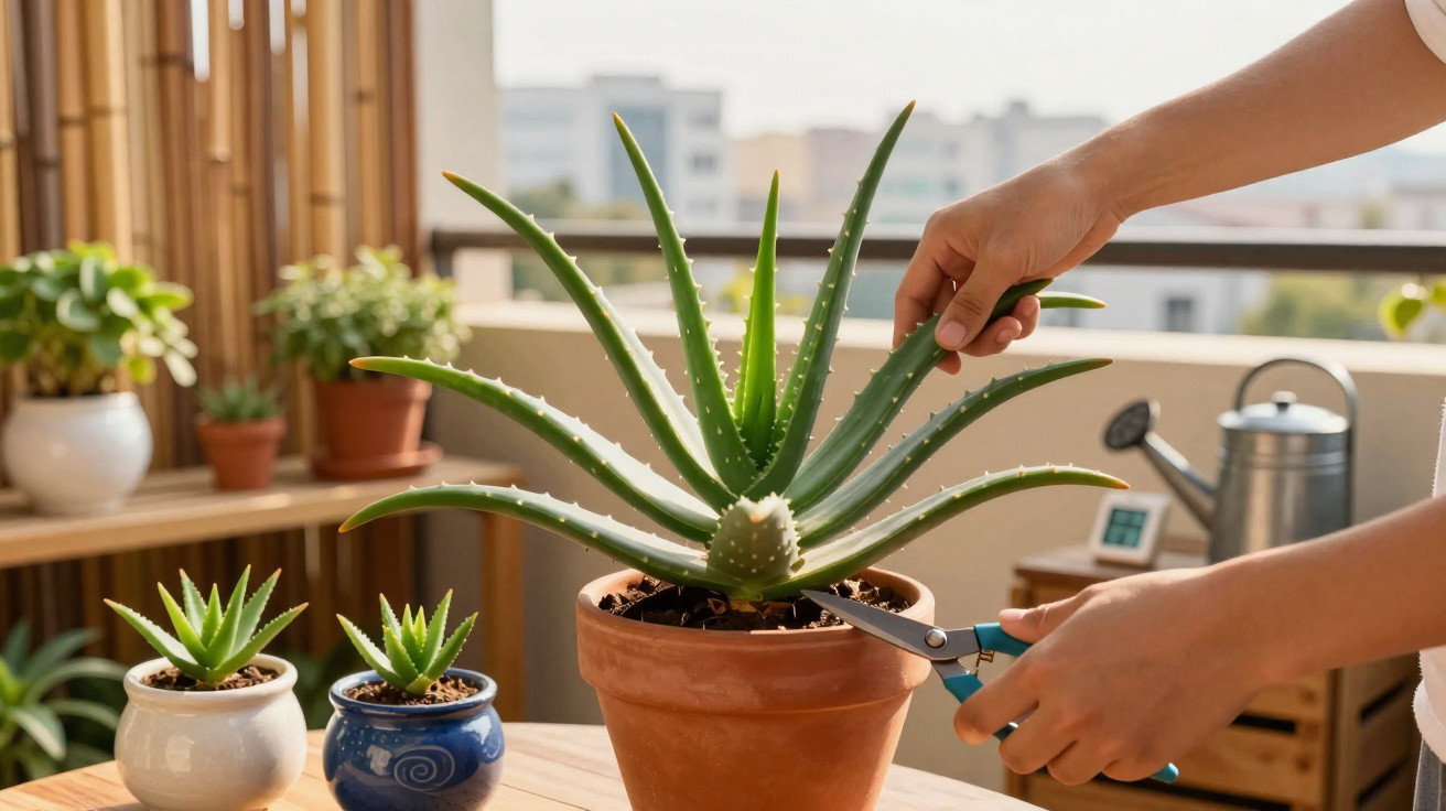 Person pruning a large aloe vera plant in a terracotta pot on a sunlit balcony with smaller plants nearby.