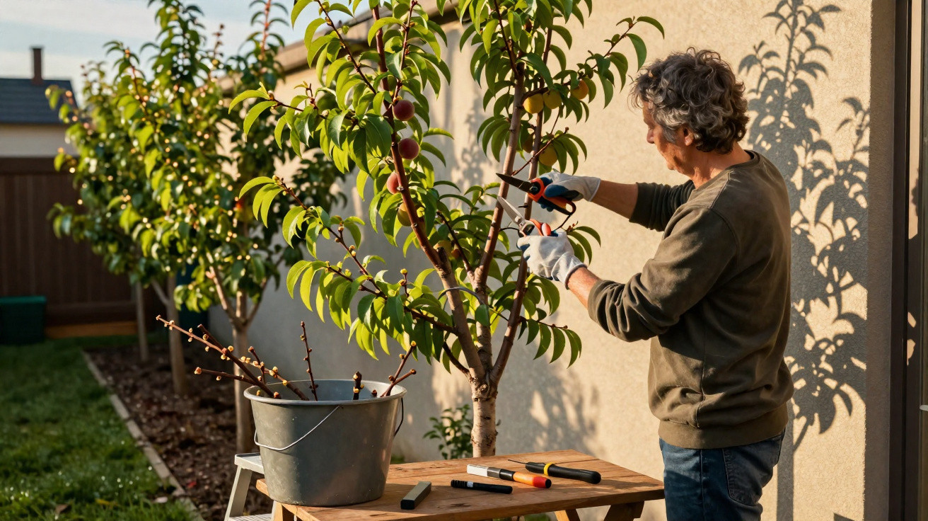 Man pruning a small fruit tree in a sunlit garden next to a wooden table with tools and a bucket of branches.