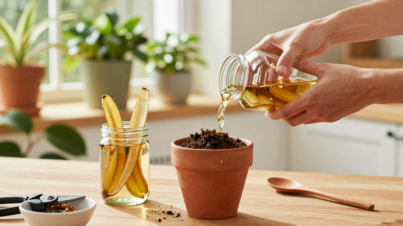 Hands pouring liquid from a jar into a terracotta pot filled with soil on a wooden table with plants.