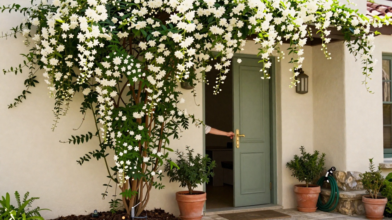 Person opening a green door under a canopy of white flowering vines at a cream-coloured house entrance.