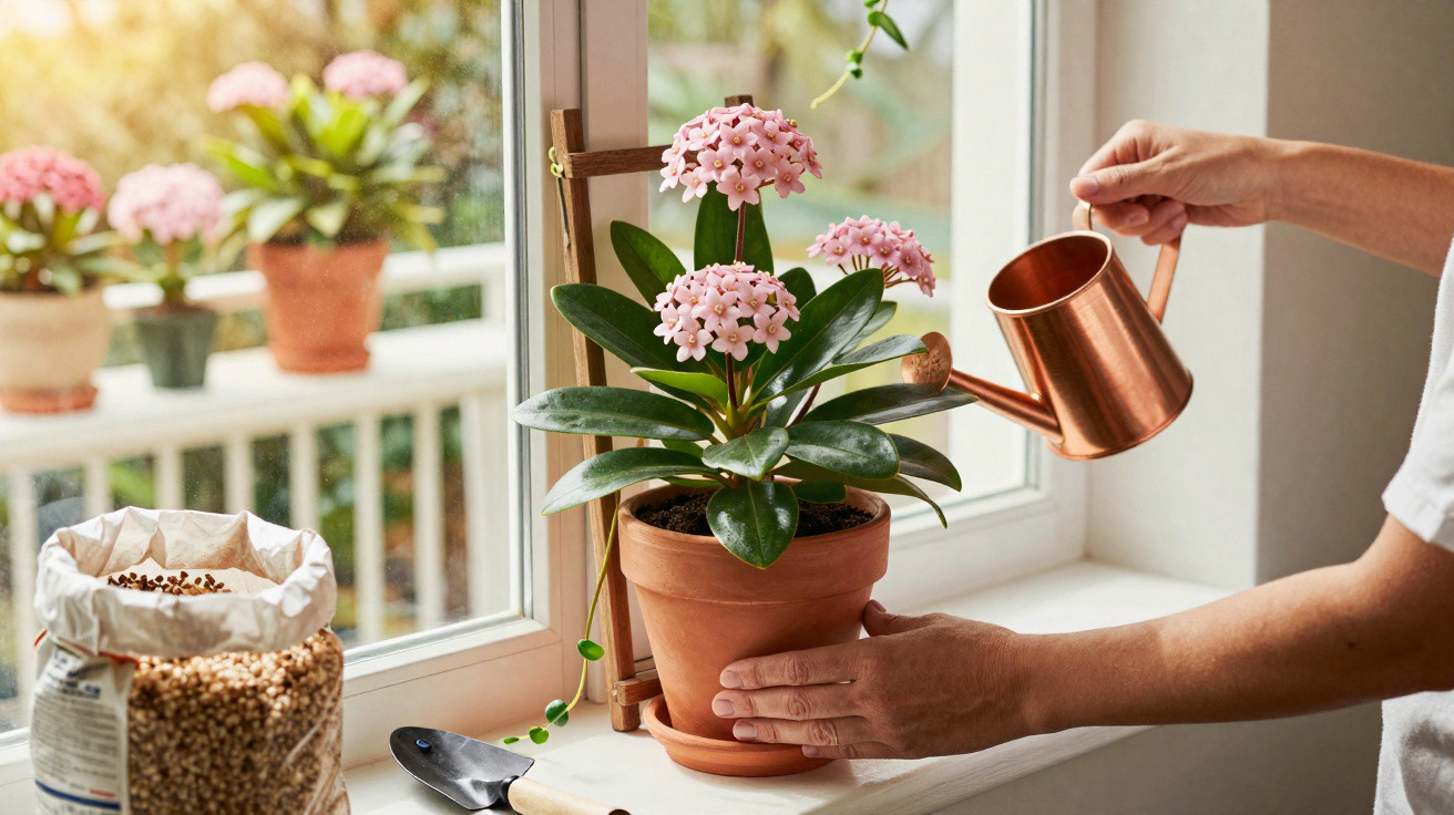 Person watering a pink flowering plant in a terracotta pot on a sunny windowsill.