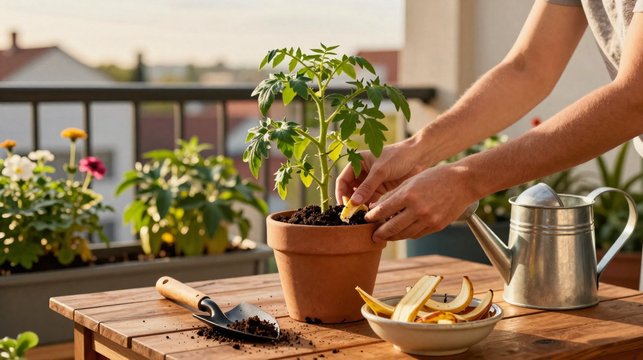 Person adding banana peel to a potted plant on a wooden table with gardening tools and a watering can.