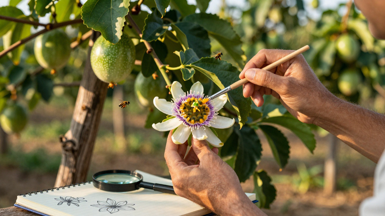 Person hand-pollinating a passionflower with bees nearby and botanical sketches on a notebook in an orchard.