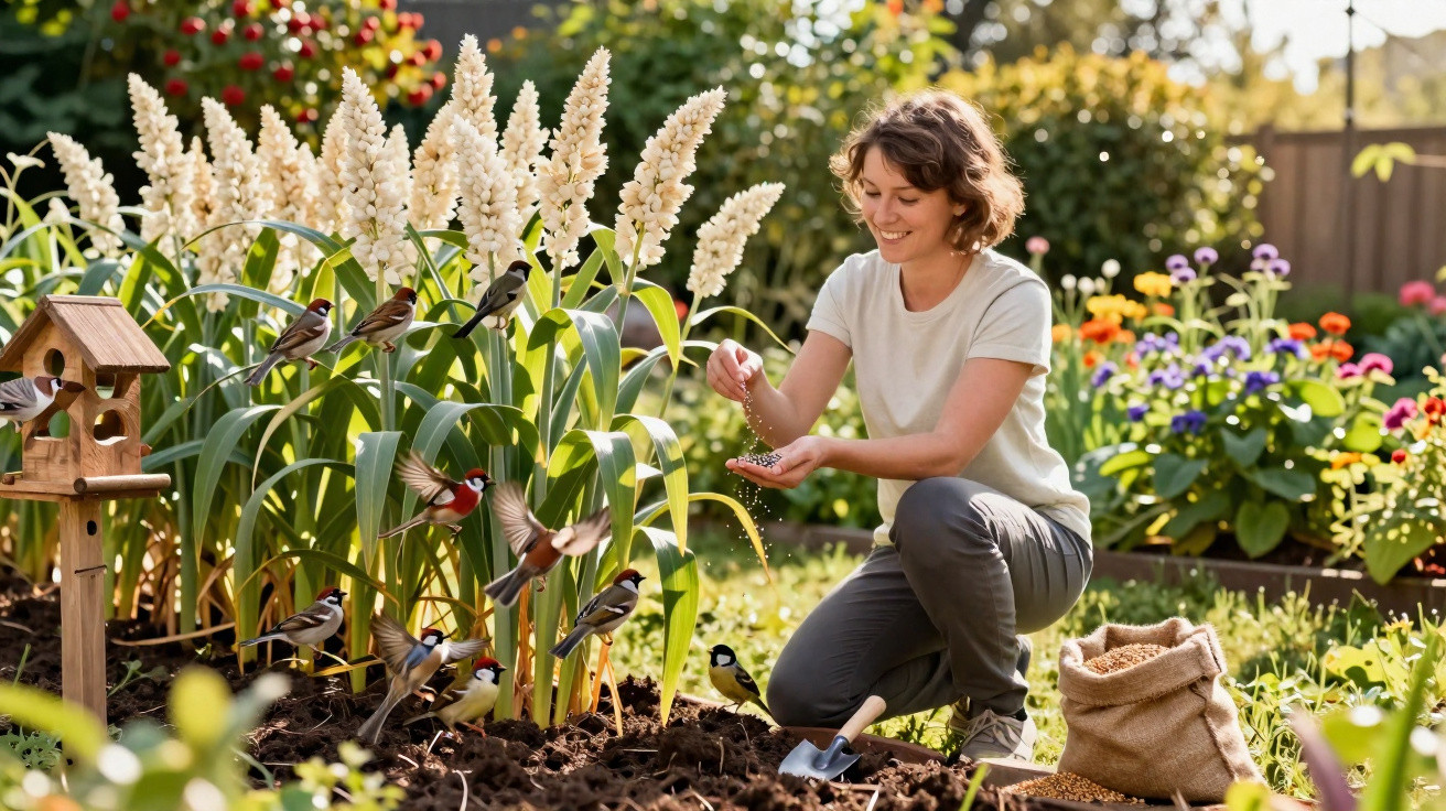 Woman kneeling in a garden feeding small birds with a wooden birdhouse and colourful flowers in the background.