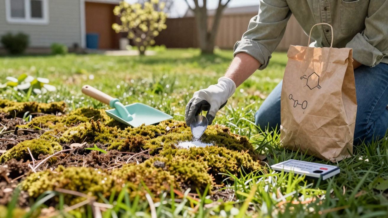 Person in gloves planting moss using powder from paper bag in a sunny garden patch with gardening tools nearby.