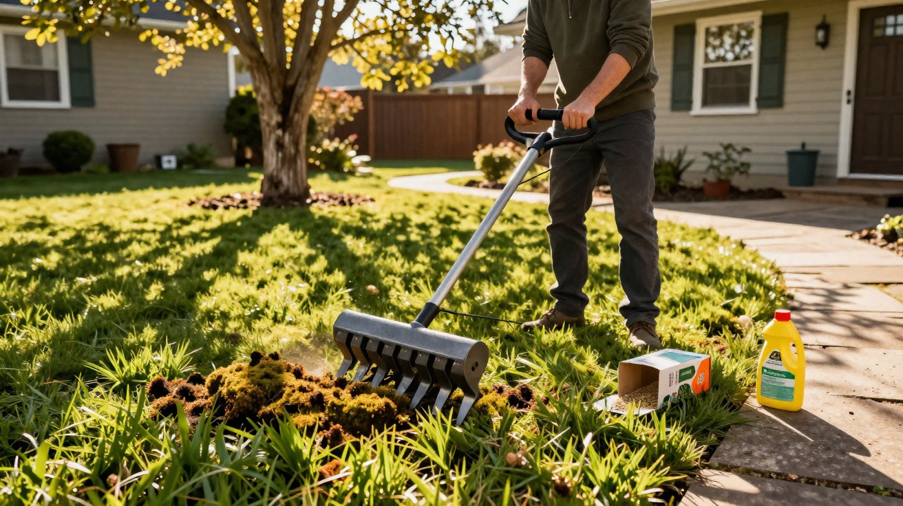 Person using a lawn aerator on a grassy garden lawn with gardening supplies nearby on a sunny day.