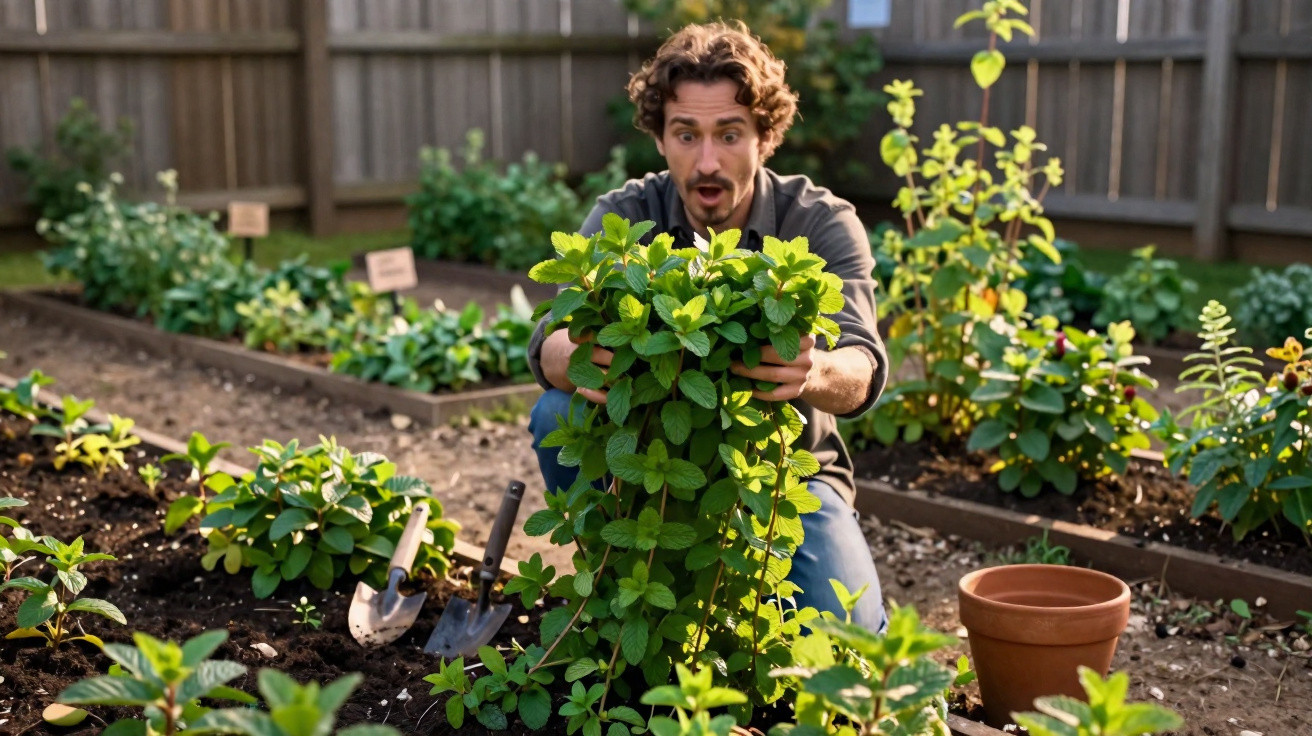 Man in garden kneeling and holding a large leafy green plant with gardening tools and pot nearby.