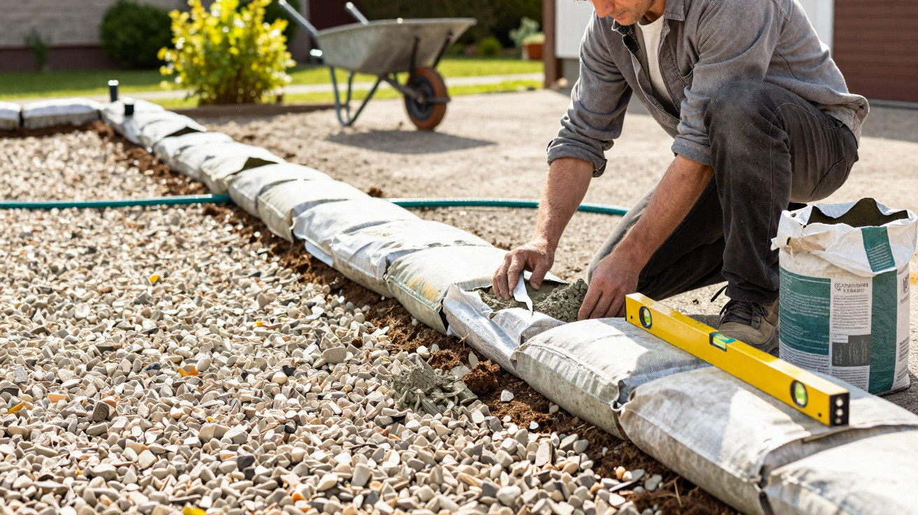 Man installing gravel edge with sand, using a spirit level in a sunny garden with wheelbarrow in background.
