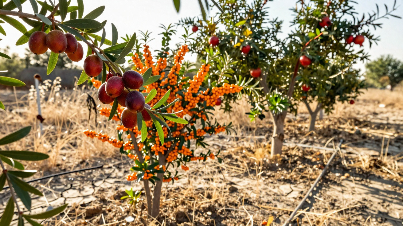 Branches of ripe olives and orange berries on dry soil with small trees in the background under clear sky.