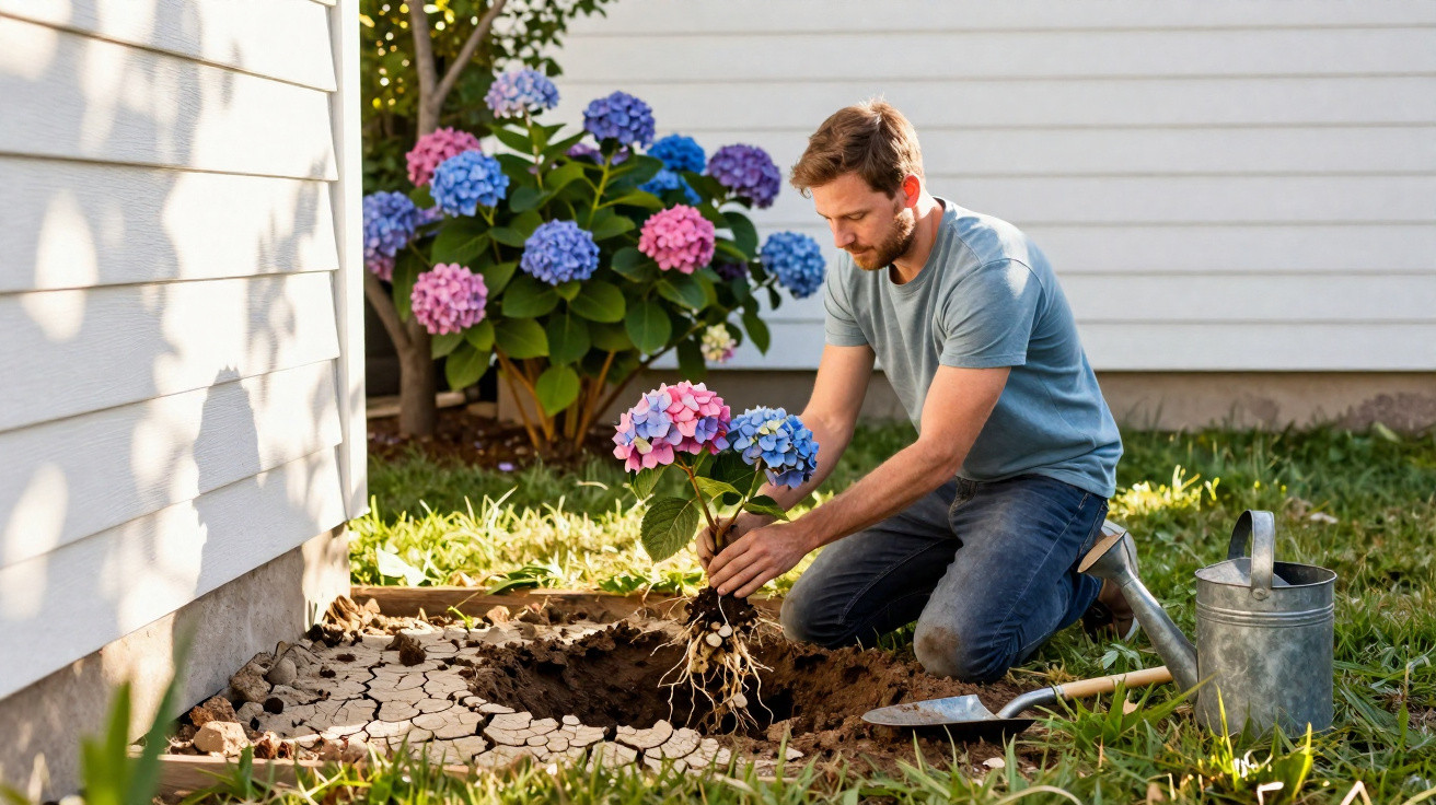 Man planting a colourful hydrangea bush in a garden bed beside a white house on a sunny day