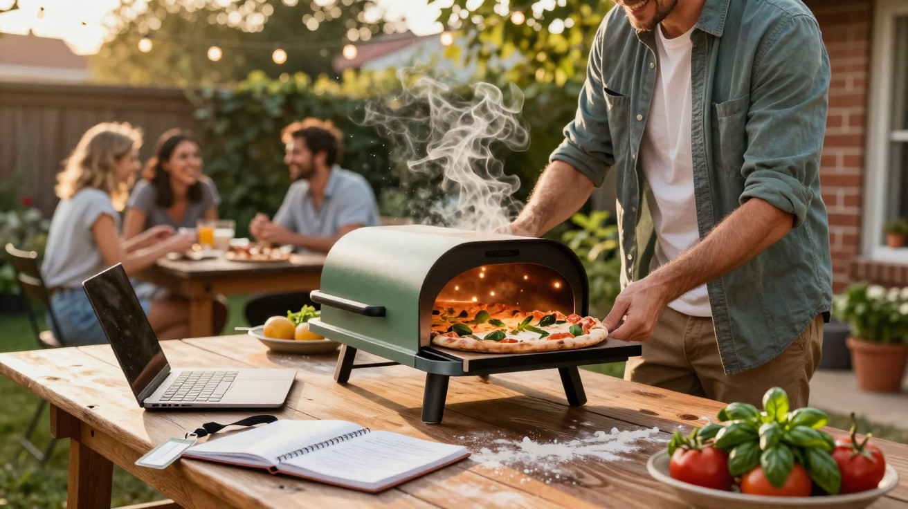 Person using a portable pizza oven outdoors with friends dining in the background in a garden setting.