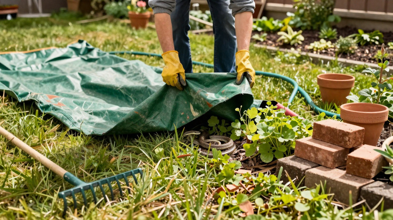 Person wearing yellow gloves lifting a green tarp to uncover a coiled snake in a garden bed.