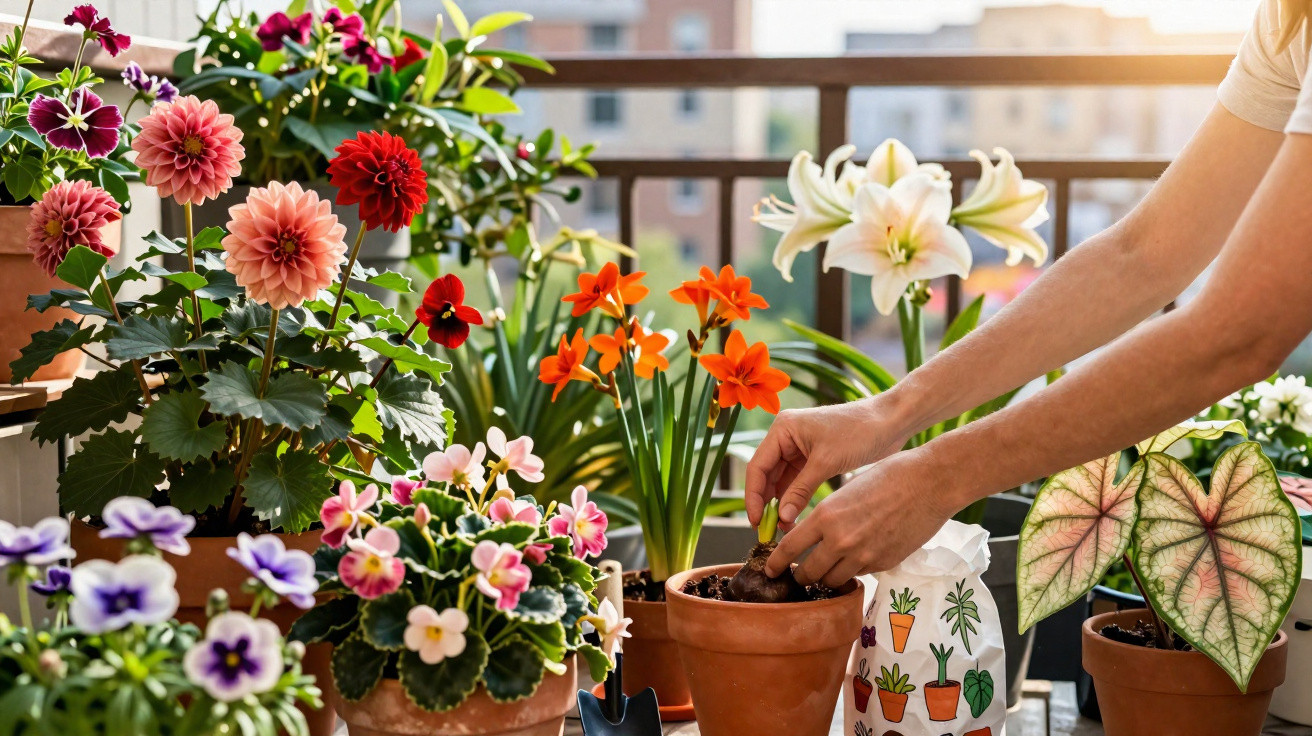 Hands planting a bulb in a terracotta pot surrounded by various colourful flowering plants on a balcony.