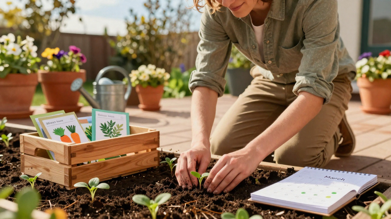 Person planting seedlings in a garden bed with seed packets and a calendar on a sunny day.