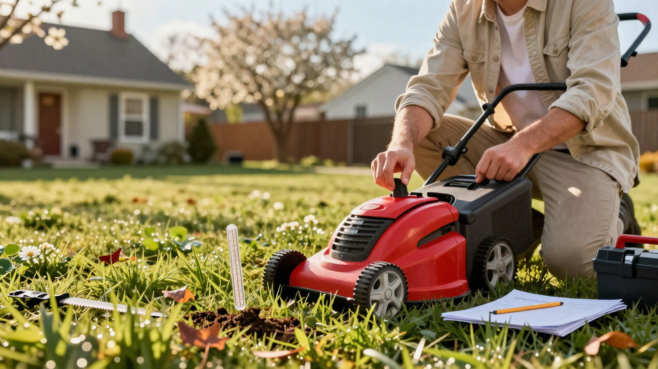 Person kneeling on grass adjusting a red electric lawn mower in a residential garden with tools and papers nearby.