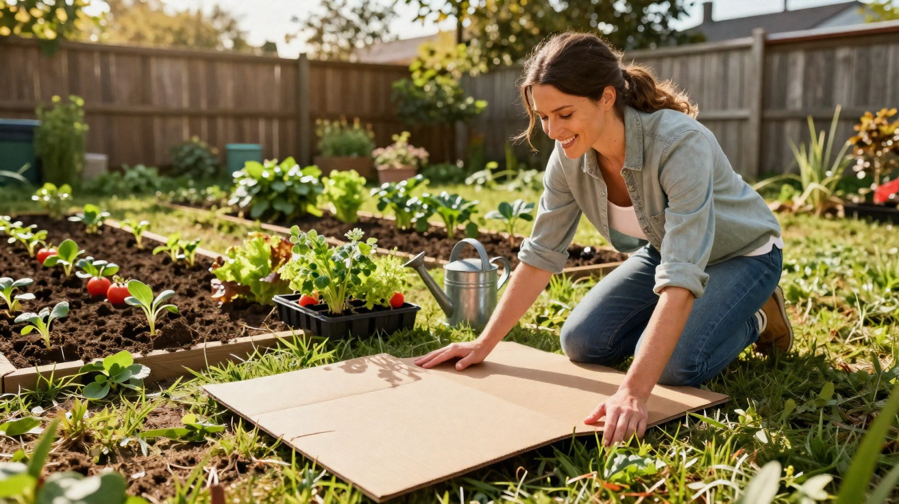 Woman kneeling in garden preparing soil with cardboard among raised vegetable beds on a sunny day.