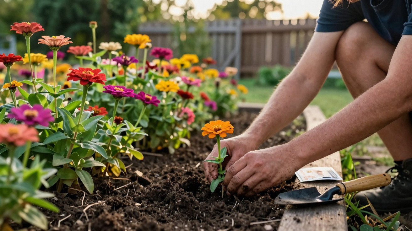 Person planting colourful zinnia flowers in a garden bed with a small gardening trowel nearby.