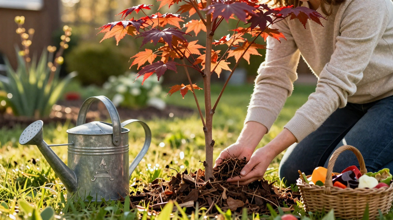 Person planting a small red-leaved tree in garden soil with a watering can and basket nearby.