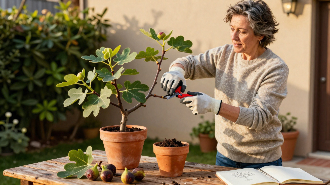 Middle-aged woman pruning a fig tree in a pot on a wooden table outdoors with gardening gloves.
