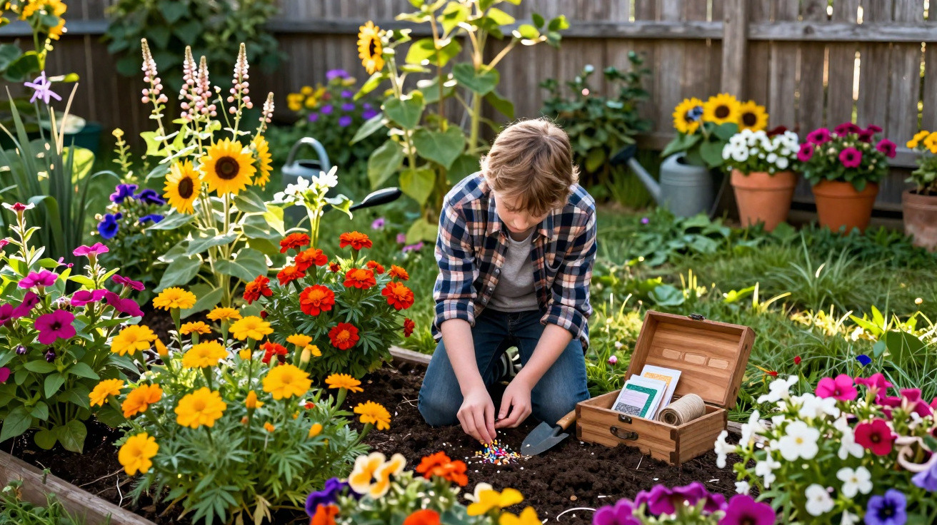 Young boy planting seeds in a colourful flower garden beside a wooden box and small gardening tools.