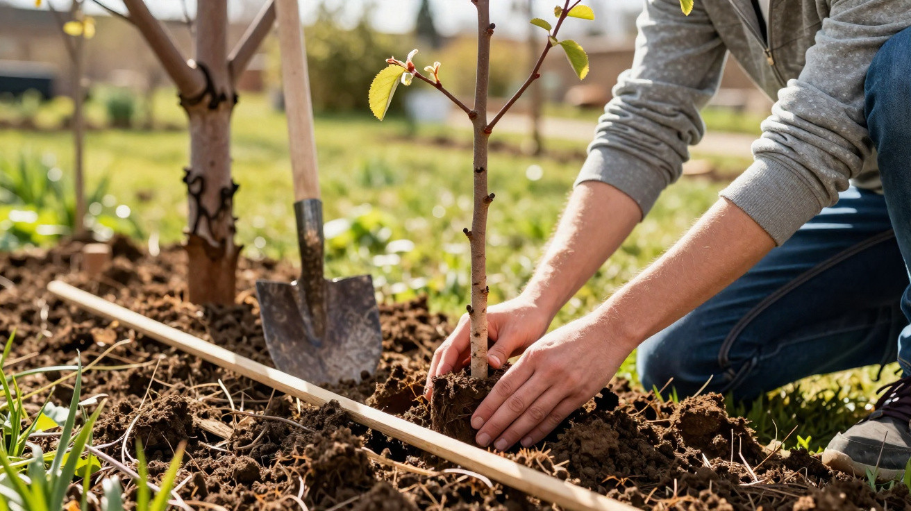 Person planting a young tree in soil with a small shovel and wooden stick nearby in a garden.
