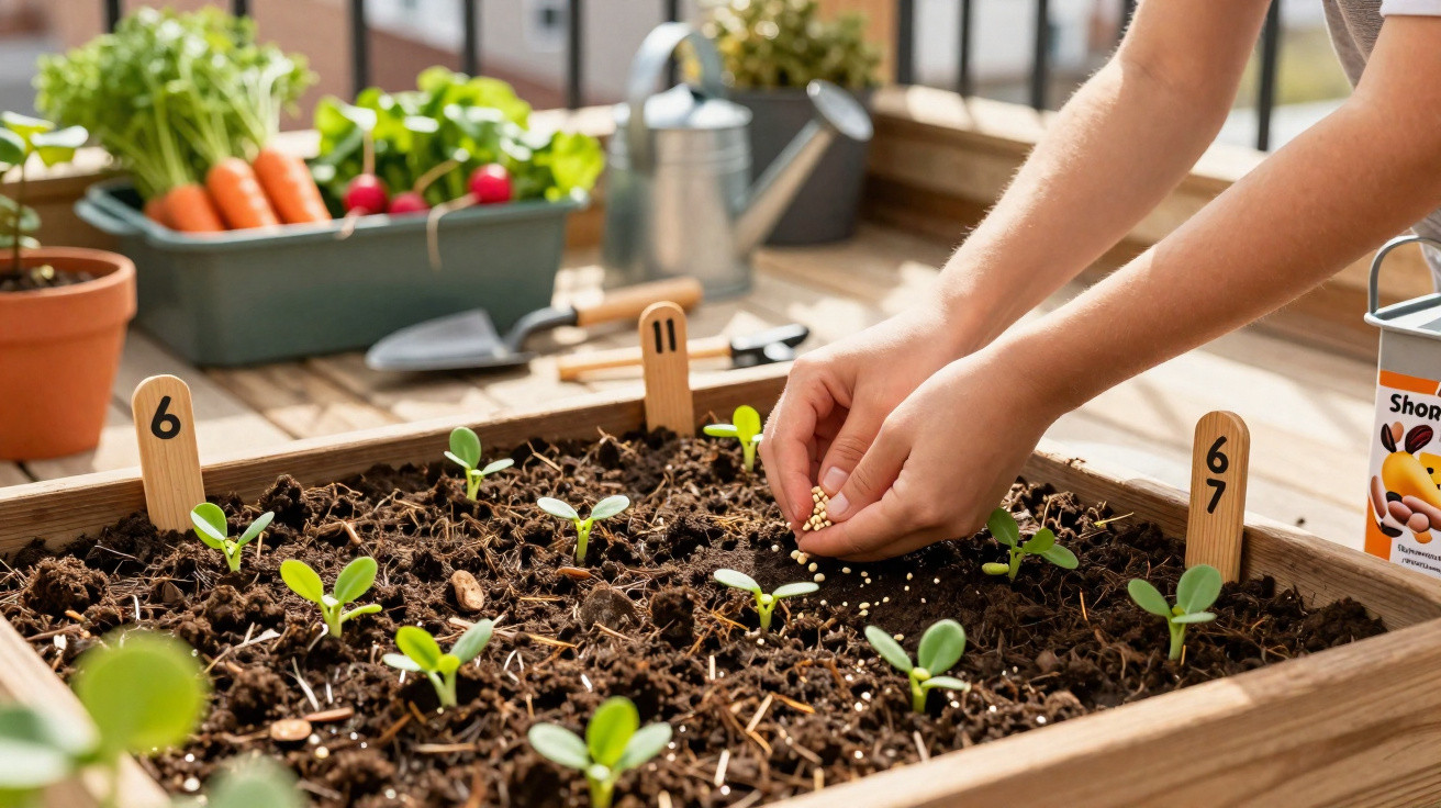 Hands planting seeds in soil of a wooden garden bed with labelled seedlings on a sunny balcony.