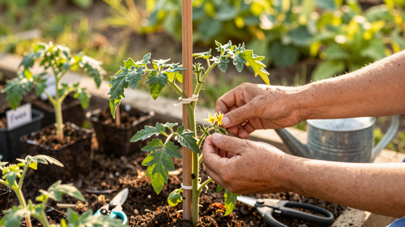 Hands tending a tomato plant with small yellow flowers in a garden bed surrounded by gardening tools and seedlings.