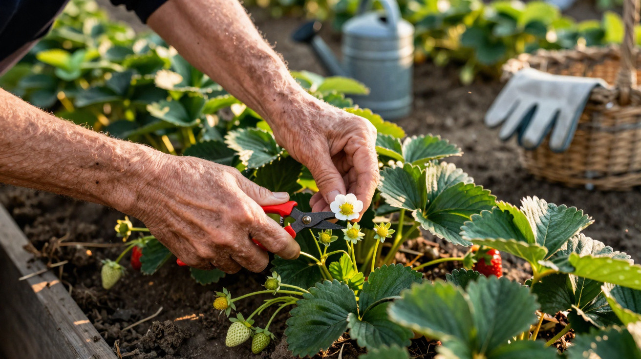 Hands pruning a flowering strawberry plant in a garden with gardening tools in the background.