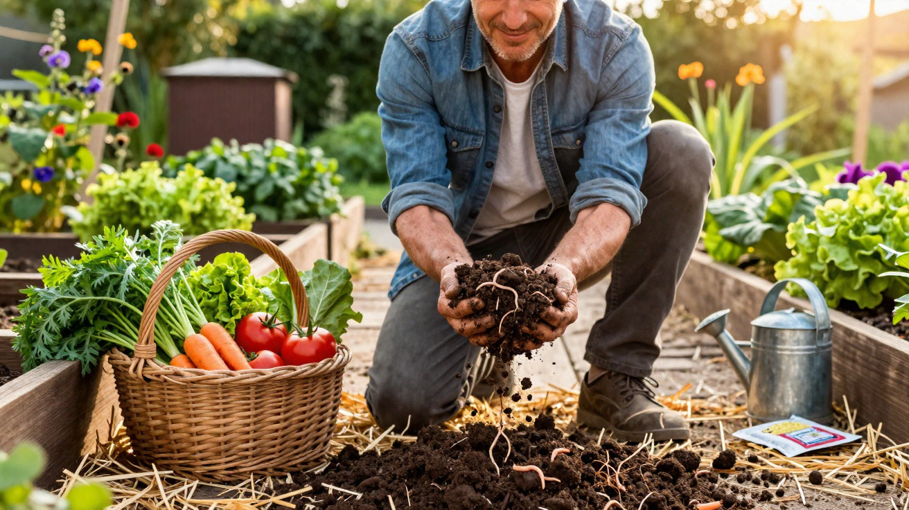 Man kneeling in a garden holding soil with earthworms, next to a basket of fresh vegetables and a watering can.