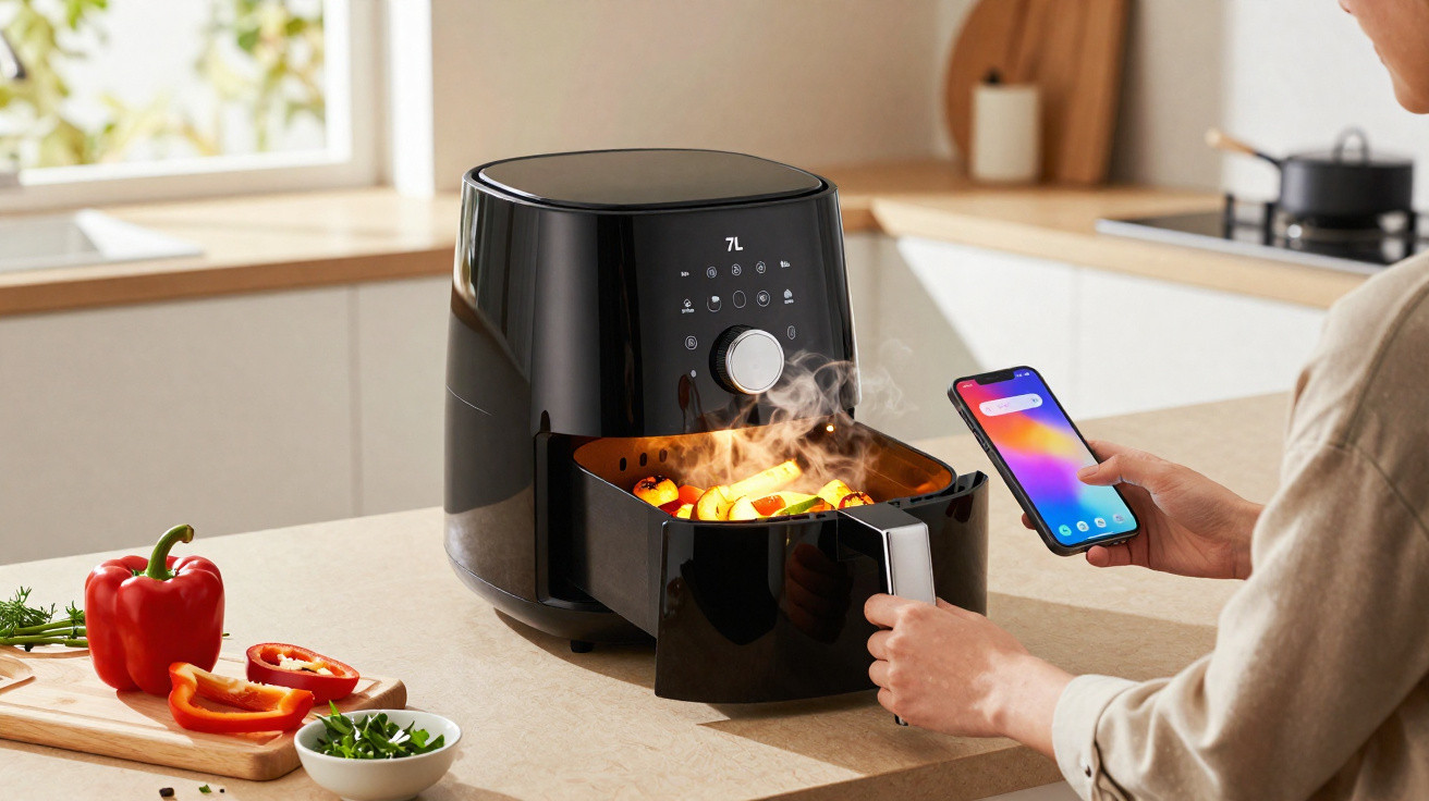 Person using a smart phone to control a black 7L air fryer cooking steaming vegetables on a kitchen counter.