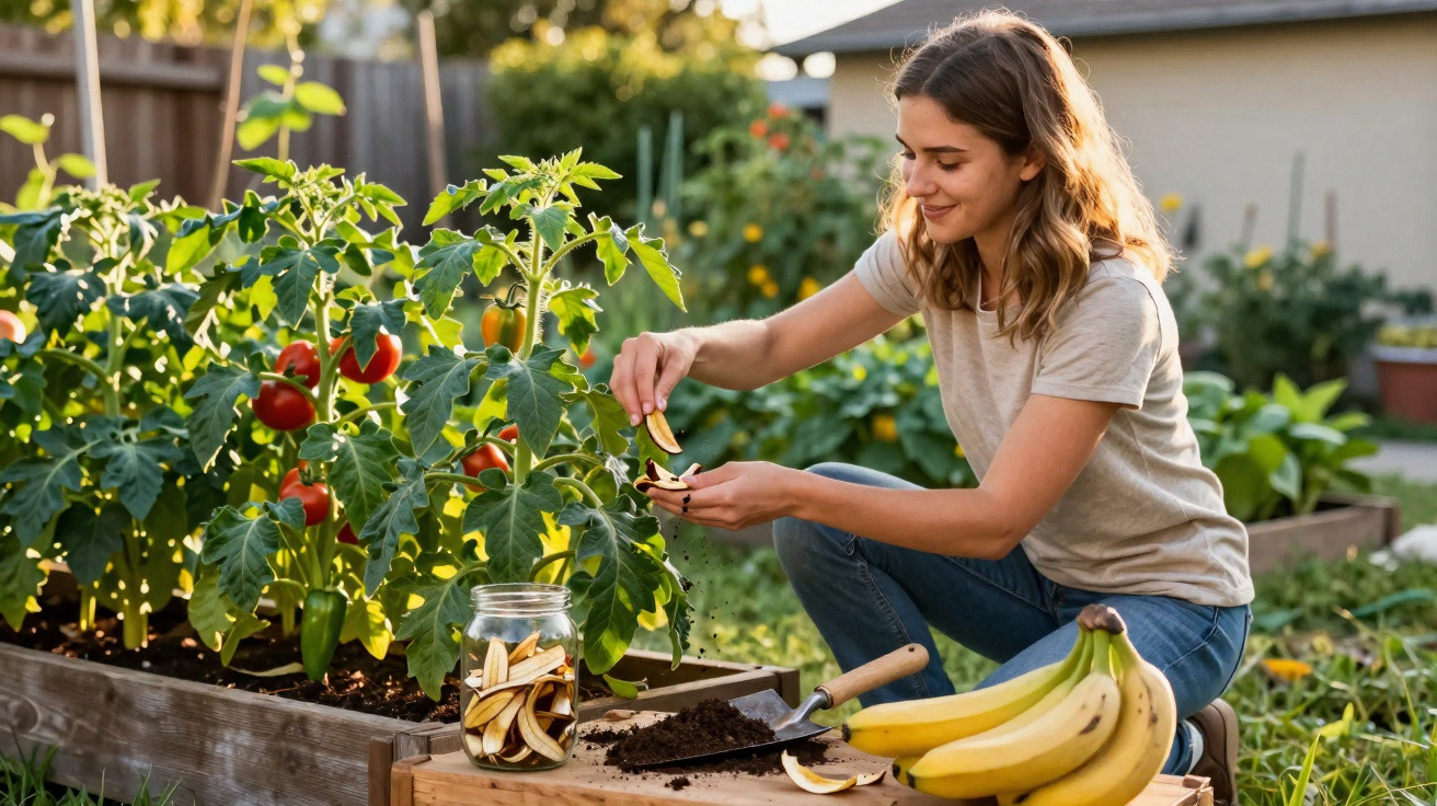 Young woman preparing banana peel compost in a garden with tomato plants and gardening tools nearby